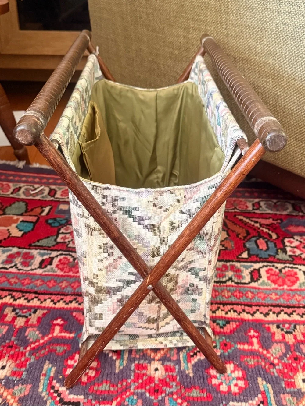 Vintage Tapestry Magazine Rack/Yarn Bag in Muted Pastel Geometric Kilim